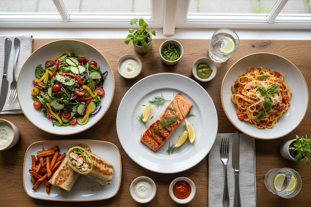 A table with multiple dishes salmon pasta salad chicken wrap