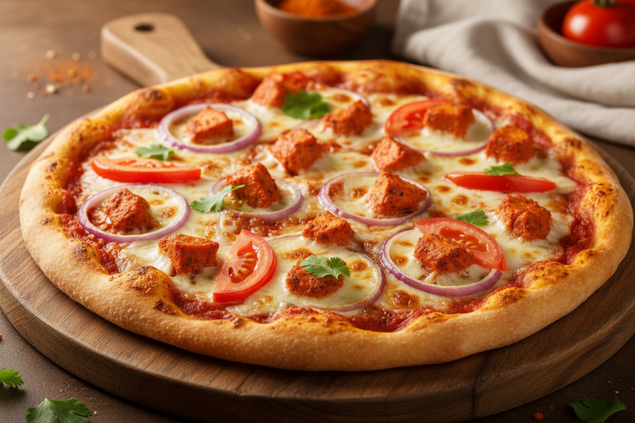 Chicken Tandoori pizza

Topped with seasoned chicken pieces, onions, tomatoes, tomato sauce, and mozzarella cheese.