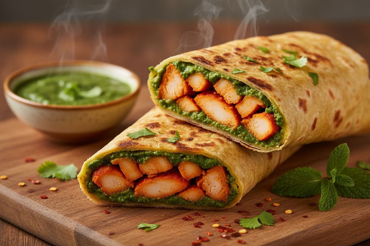 paratha roll with tikka and chatni inside