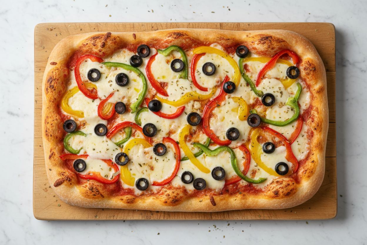 pizza rectangle full of cheese and olives capcicum