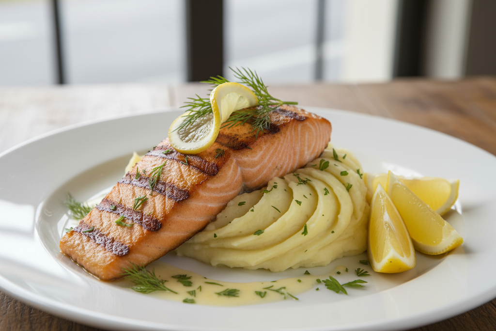 Salmon with mashed potatoes and lemon