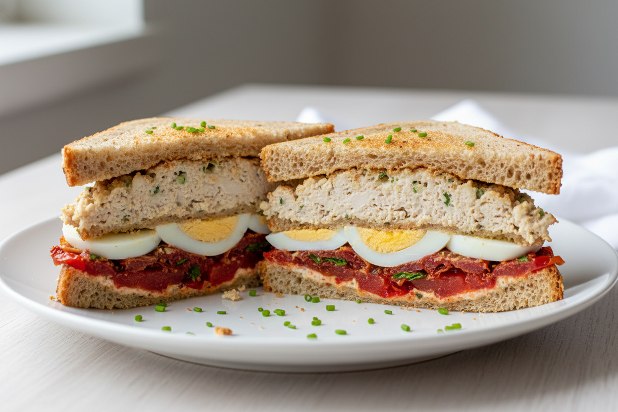 sandwich with one lashers minced chicken one layer egg and one filling cut into triangle