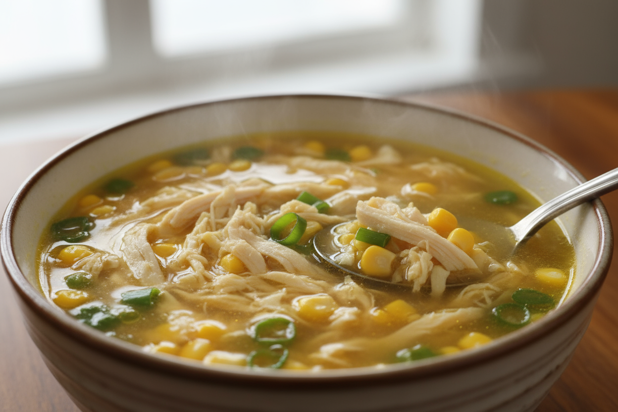 soup with chicken corn and green onion and eggs...nothing big pieces