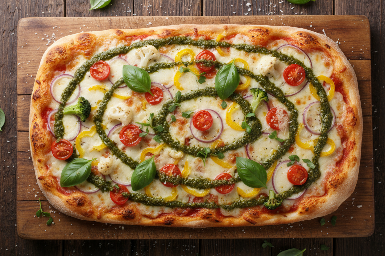 vegetarian pizza rectangle with cheese and pesto
